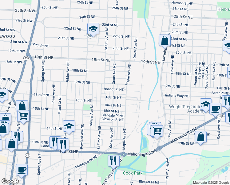 map of restaurants, bars, coffee shops, grocery stores, and more near 1616 Gross Avenue Northeast in Canton