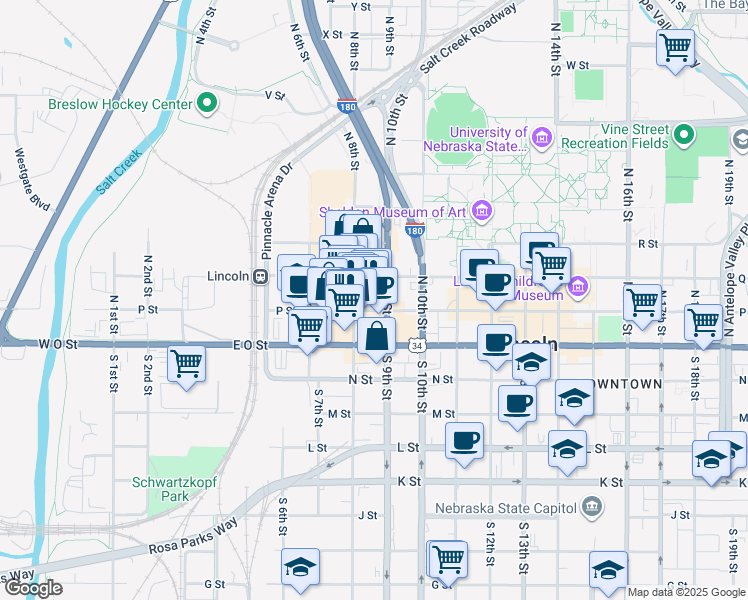 map of restaurants, bars, coffee shops, grocery stores, and more near 810 P Street in Lincoln