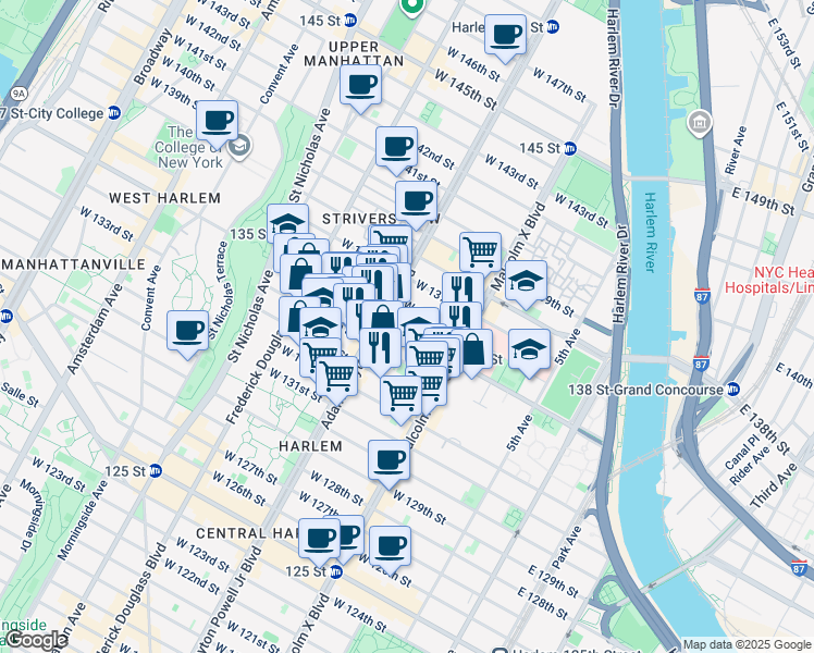 map of restaurants, bars, coffee shops, grocery stores, and more near 139 West 135th Street in New York