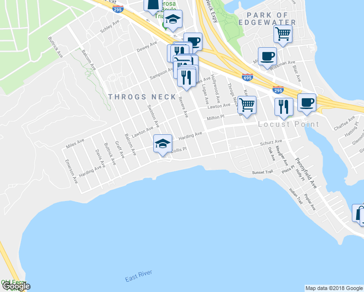 map of restaurants, bars, coffee shops, grocery stores, and more near 2825 Collis Place in Bronx