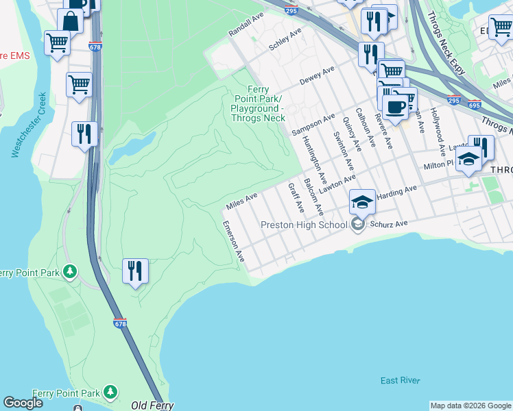 map of restaurants, bars, coffee shops, grocery stores, and more near 261 Davis Avenue in Bronx