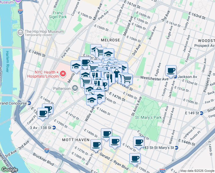 map of restaurants, bars, coffee shops, grocery stores, and more near 530 Willis Avenue in The Bronx