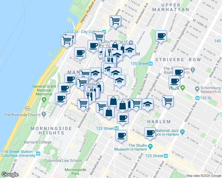 map of restaurants, bars, coffee shops, grocery stores, and more near 50 Convent Avenue in New York