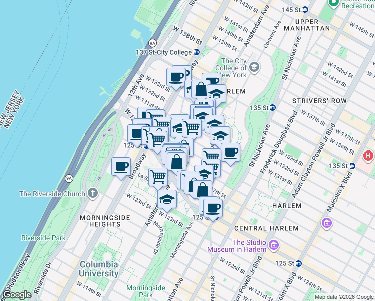 map of restaurants, bars, coffee shops, grocery stores, and more near 1386 Amsterdam Avenue in New York