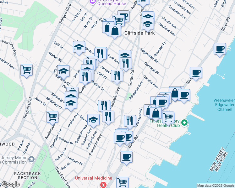 map of restaurants, bars, coffee shops, grocery stores, and more near 185 Cottage Place in Cliffside Park