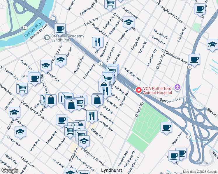 map of restaurants, bars, coffee shops, grocery stores, and more near 28 Ridge Road in Lyndhurst