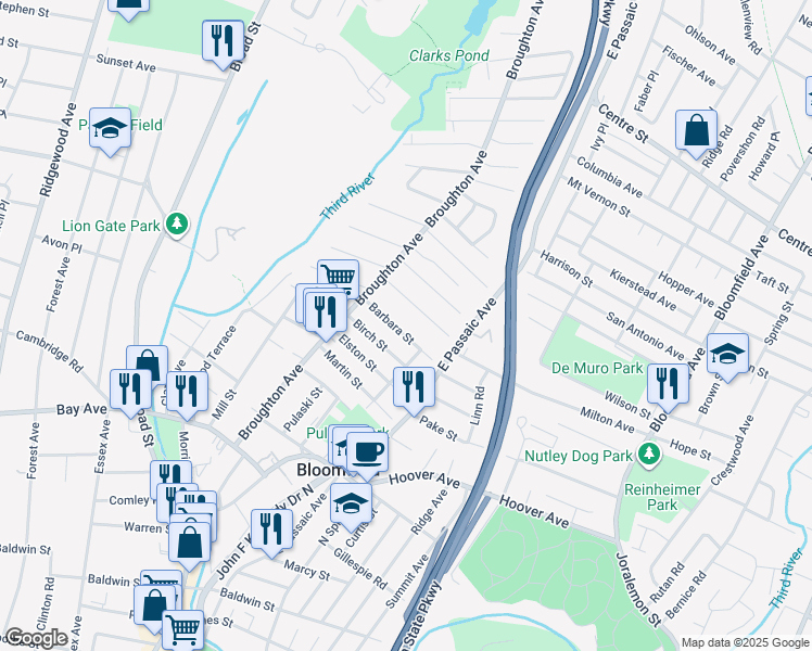 map of restaurants, bars, coffee shops, grocery stores, and more near 36 Barbara Street in Bloomfield