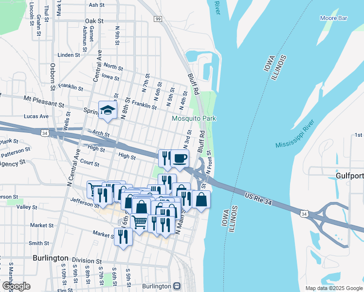 map of restaurants, bars, coffee shops, grocery stores, and more near 813-815 North 3rd Street in Burlington