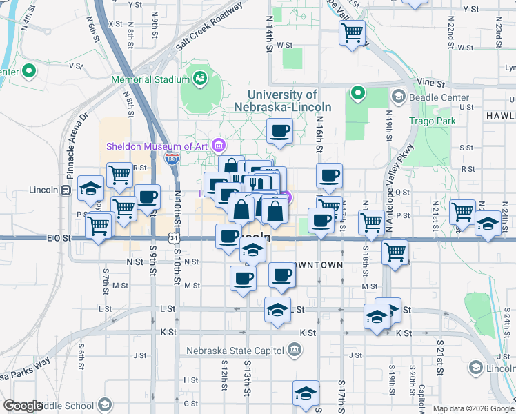 map of restaurants, bars, coffee shops, grocery stores, and more near 101 North 14th Street in Lincoln