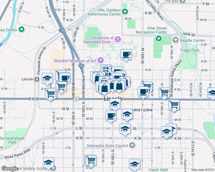 map of restaurants, bars, coffee shops, grocery stores, and more near 1202 P Street in Lincoln