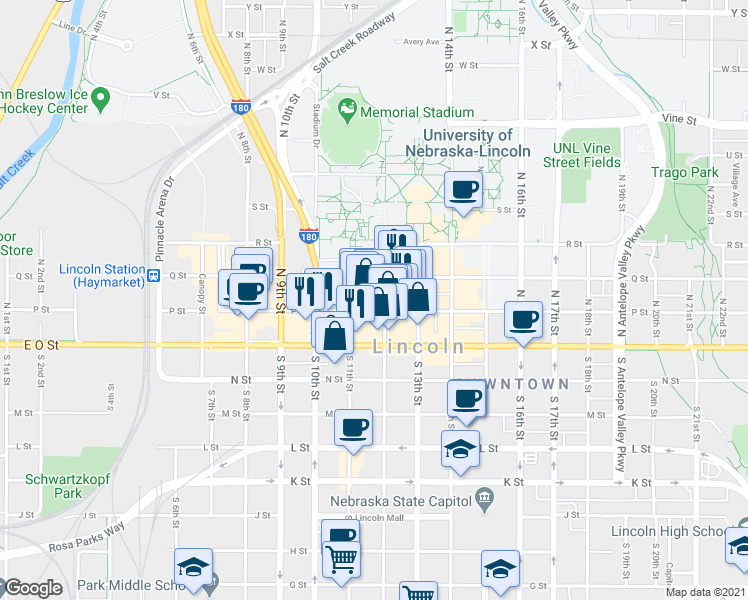 map of restaurants, bars, coffee shops, grocery stores, and more near 1120 P Street in Lincoln