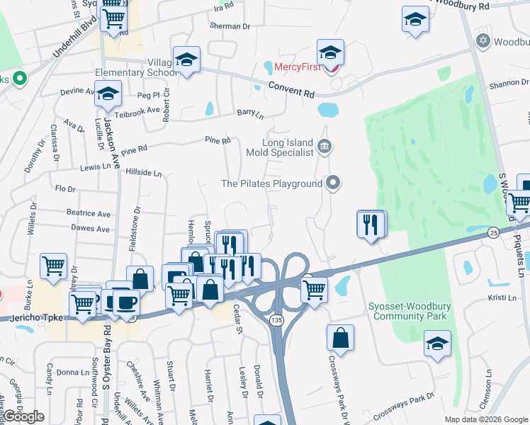 map of restaurants, bars, coffee shops, grocery stores, and more near 49 Hidden Ridge Drive in Syosset