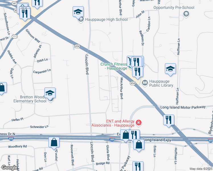 map of restaurants, bars, coffee shops, grocery stores, and more near 17 Dorado Circle in Hauppauge