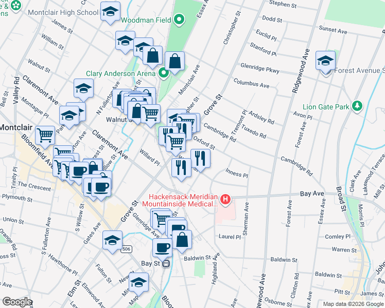map of restaurants, bars, coffee shops, grocery stores, and more near 56 Walnut Street in Montclair