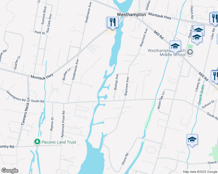 map of restaurants, bars, coffee shops, grocery stores, and more near 7 Bishop Avenue in Westhampton