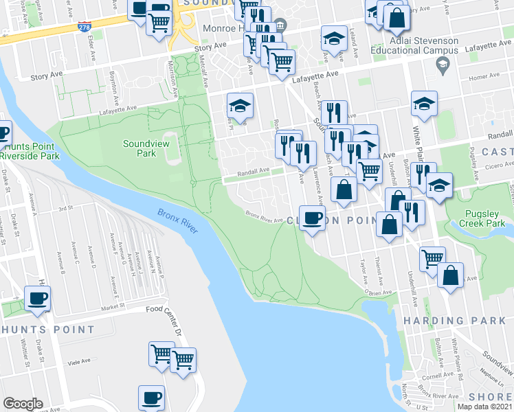 map of restaurants, bars, coffee shops, grocery stores, and more near 391 Bronx River Avenue in The Bronx