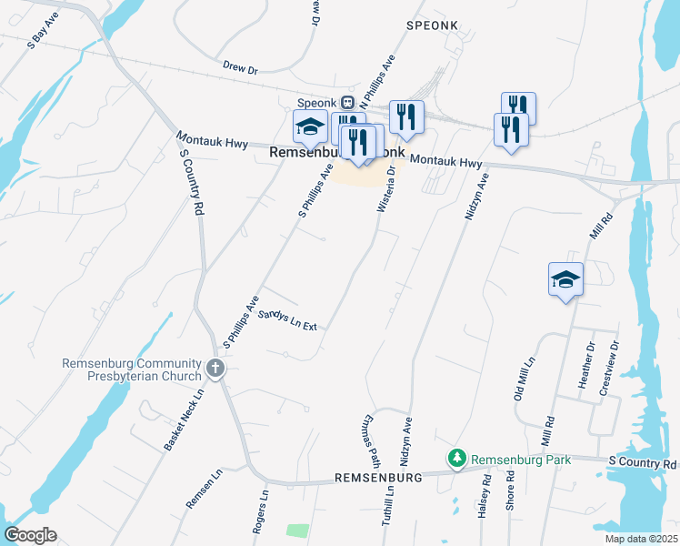 map of restaurants, bars, coffee shops, grocery stores, and more near 17 Wisteria Drive in Remsenburg-Speonk