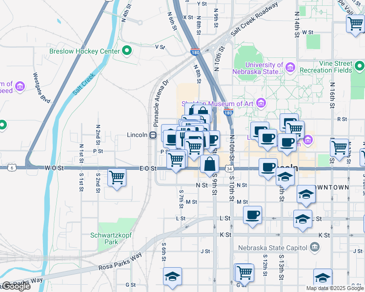 map of restaurants, bars, coffee shops, grocery stores, and more near 201 North 8th Street in Lincoln
