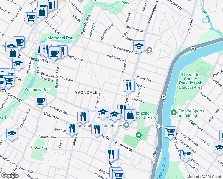 map of restaurants, bars, coffee shops, grocery stores, and more near 156 Grant Avenue in Nutley