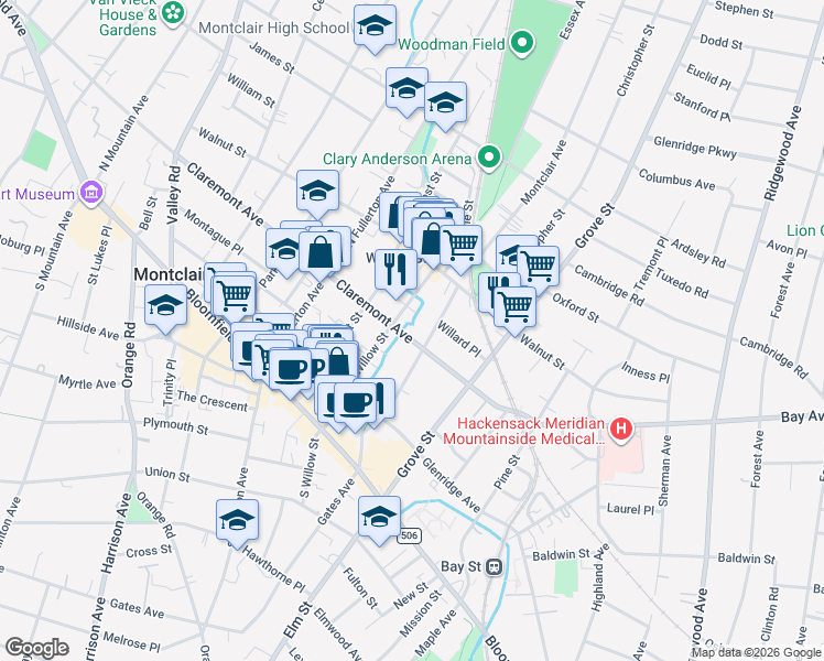 map of restaurants, bars, coffee shops, grocery stores, and more near 53 North Willow Street in Montclair