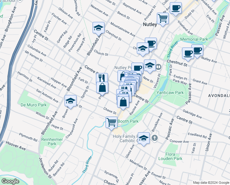 map of restaurants, bars, coffee shops, grocery stores, and more near 18 Race Street in Nutley