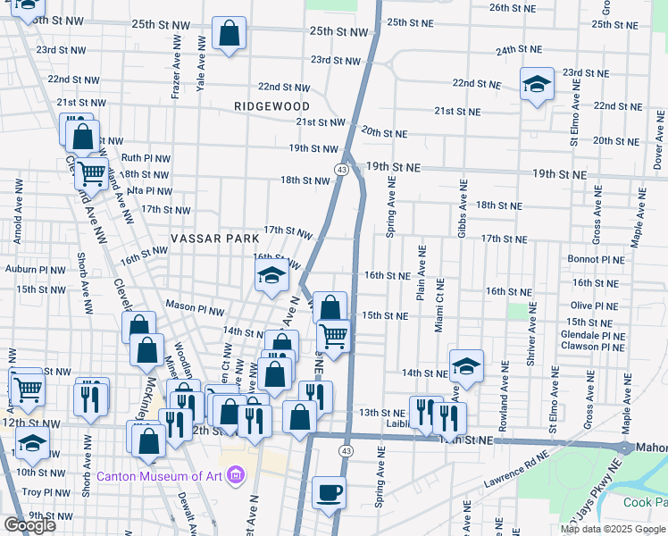 map of restaurants, bars, coffee shops, grocery stores, and more near 131 16th Street Northeast in Canton
