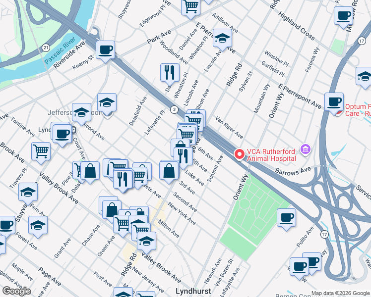 map of restaurants, bars, coffee shops, grocery stores, and more near 552 5th Avenue in Lyndhurst