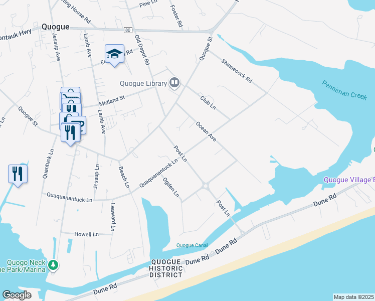 map of restaurants, bars, coffee shops, grocery stores, and more near 55 Quaquanantuck Lane in Quogue