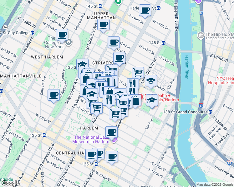 map of restaurants, bars, coffee shops, grocery stores, and more near 145 West 135th Street in New York
