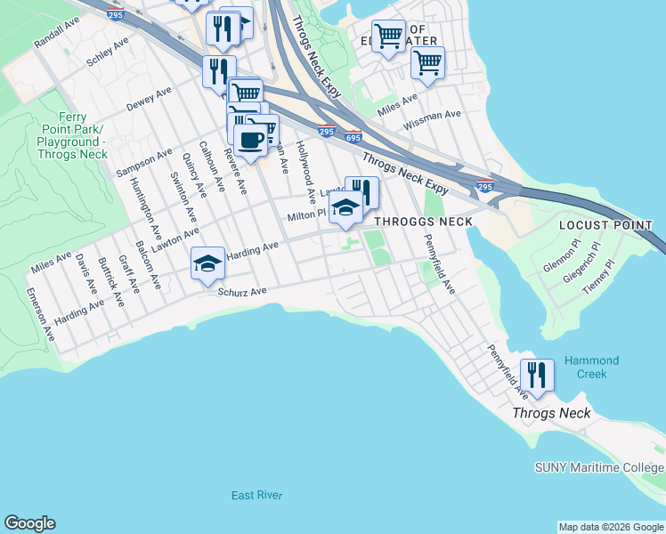 map of restaurants, bars, coffee shops, grocery stores, and more near 142 Hollywood Avenue in Bronx