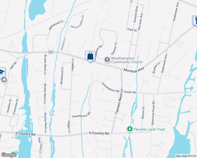 map of restaurants, bars, coffee shops, grocery stores, and more near 2 Buttercup Lane in Westhampton