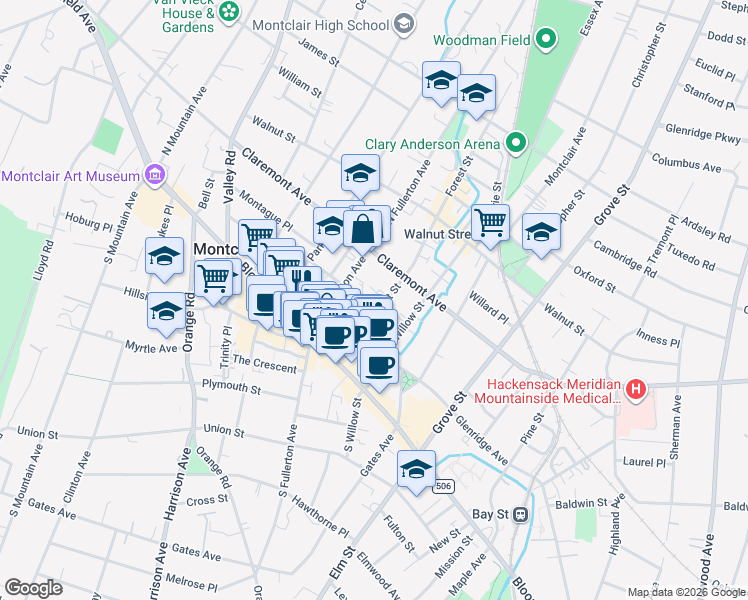 map of restaurants, bars, coffee shops, grocery stores, and more near 26 Forest Street in Montclair
