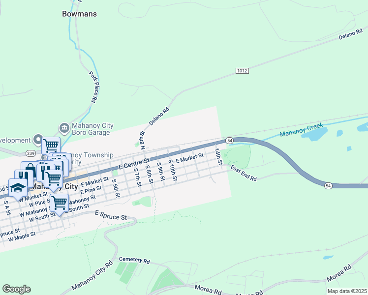 map of restaurants, bars, coffee shops, grocery stores, and more near 1025 East Centre Street in Mahanoy City