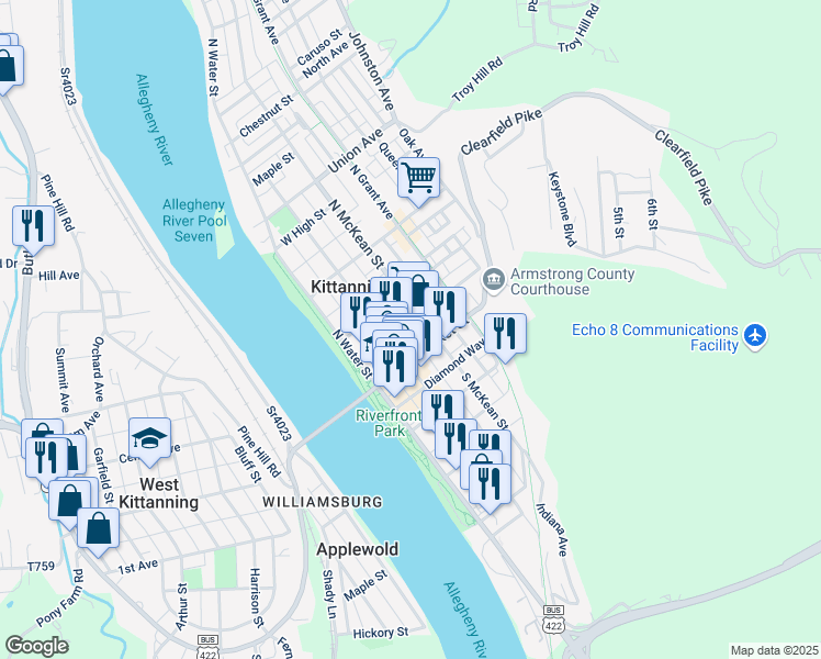 map of restaurants, bars, coffee shops, grocery stores, and more near 122 Templeton Way in Kittanning