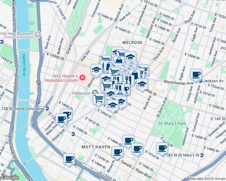 map of restaurants, bars, coffee shops, grocery stores, and more near 2779 3rd Avenue in The Bronx