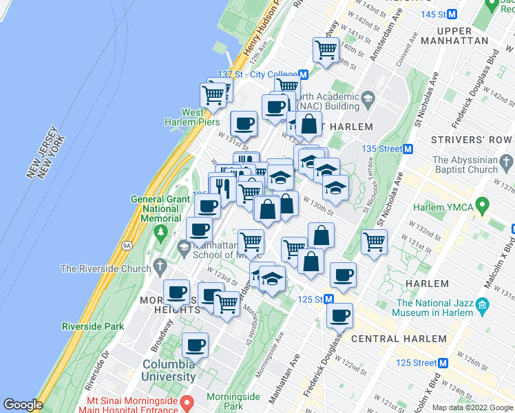 map of restaurants, bars, coffee shops, grocery stores, and more near 15 Old Broadway in New York