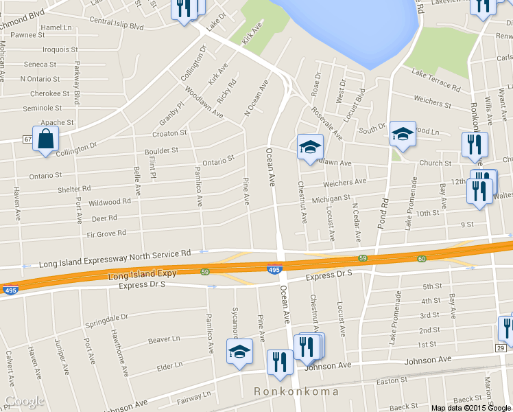 map of restaurants, bars, coffee shops, grocery stores, and more near 435 Michigan St in Ronkonkoma