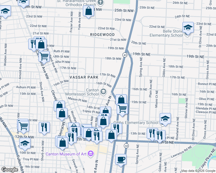 map of restaurants, bars, coffee shops, grocery stores, and more near 120 16th Street Northwest in Canton