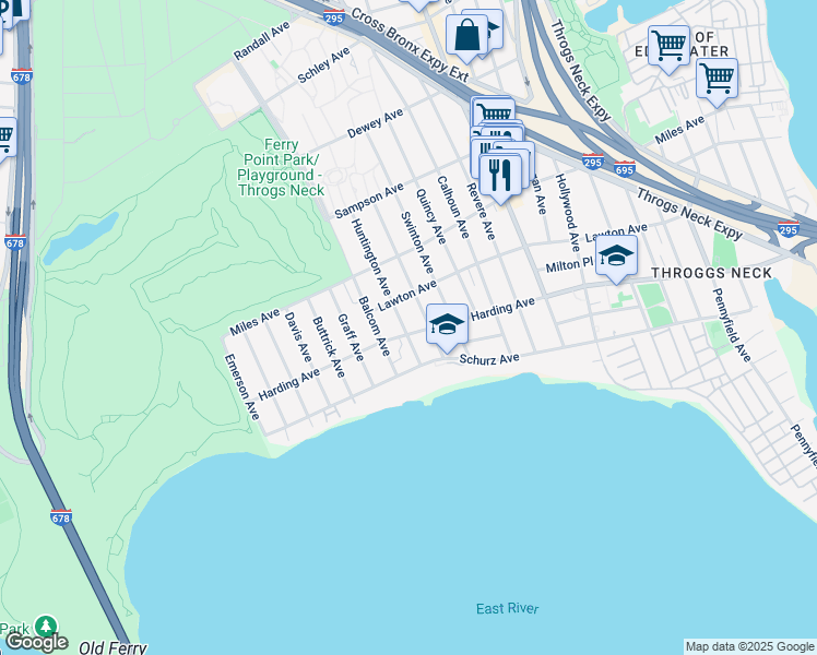 map of restaurants, bars, coffee shops, grocery stores, and more near 224 Huntington Avenue in Bronx