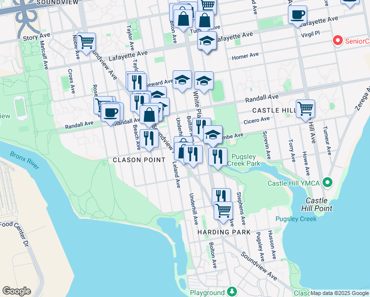 map of restaurants, bars, coffee shops, grocery stores, and more near 456 Underhill Avenue in Bronx