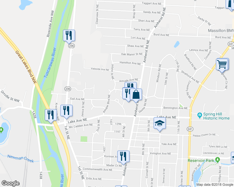 map of restaurants, bars, coffee shops, grocery stores, and more near 1560 Keuper Boulevard Northeast in Massillon