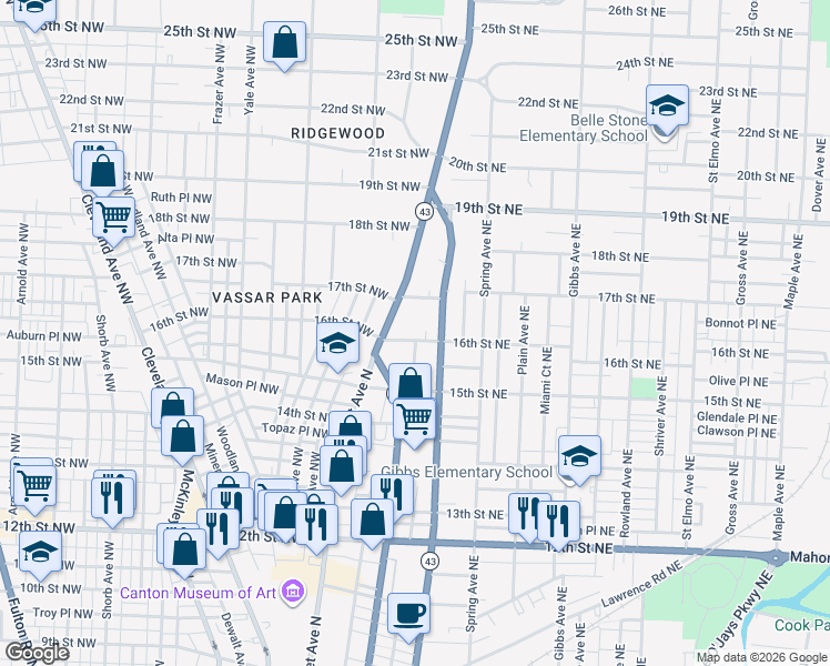 map of restaurants, bars, coffee shops, grocery stores, and more near 133 16th Street Northeast in Canton
