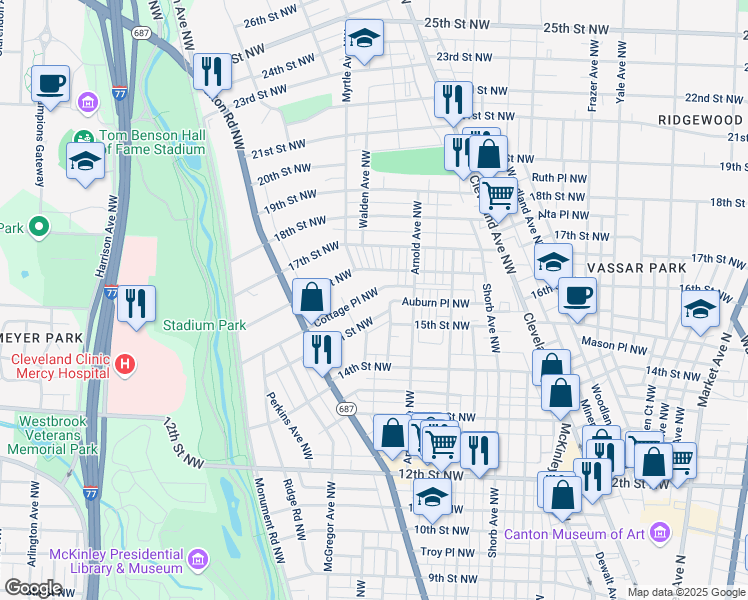 map of restaurants, bars, coffee shops, grocery stores, and more near 1250 Cottage Place Northwest in Canton