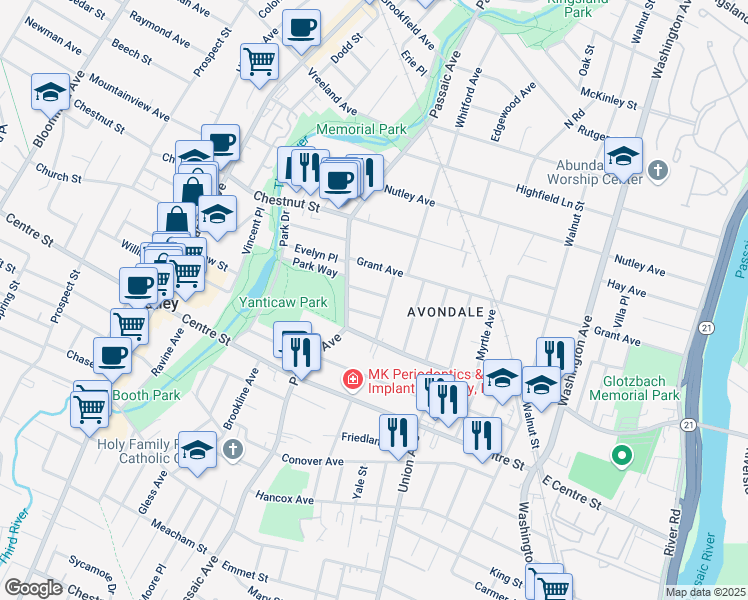 map of restaurants, bars, coffee shops, grocery stores, and more near 30 Whitford Avenue in Nutley