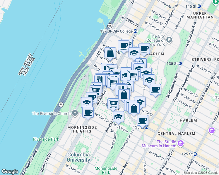 map of restaurants, bars, coffee shops, grocery stores, and more near 551-553 West 125th Street in New York