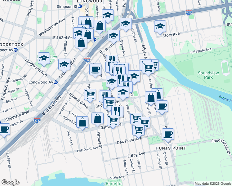 map of restaurants, bars, coffee shops, grocery stores, and more near in The Bronx