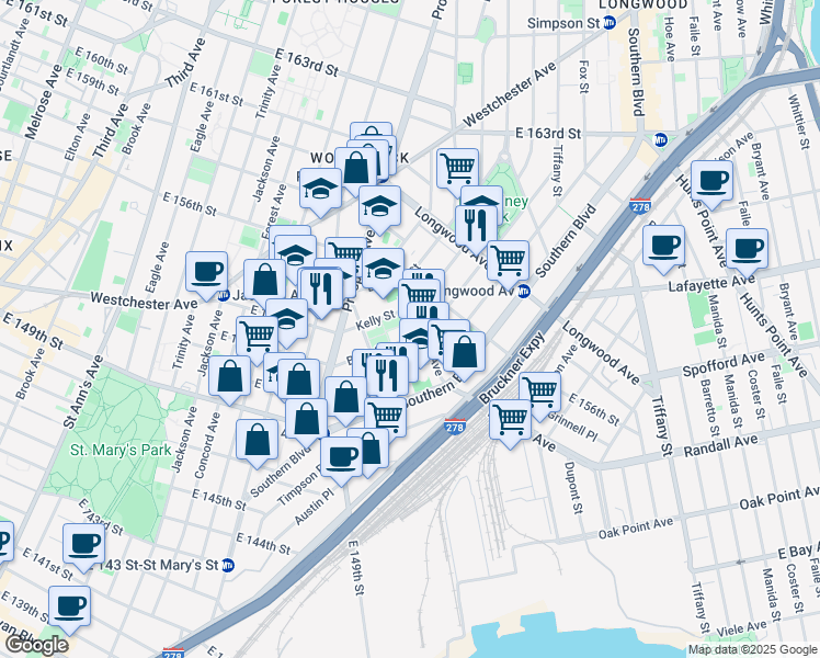 map of restaurants, bars, coffee shops, grocery stores, and more near in The Bronx