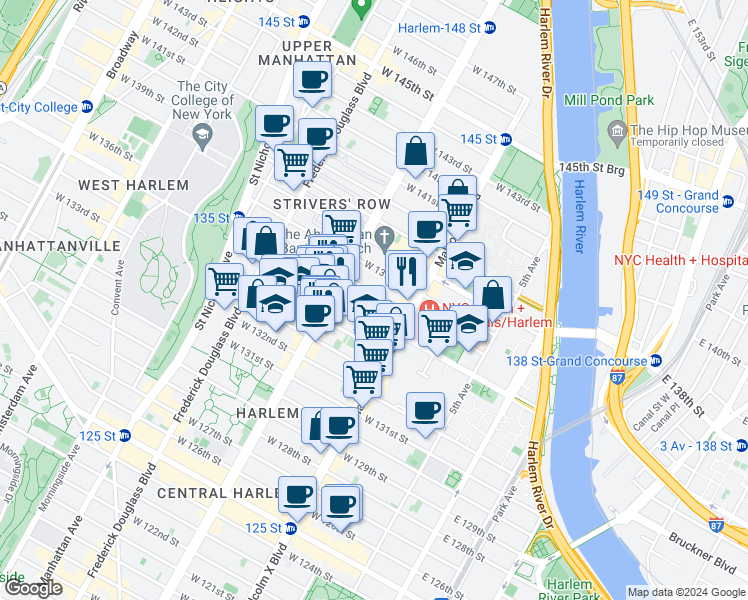 map of restaurants, bars, coffee shops, grocery stores, and more near 139 West 135th Street in New York