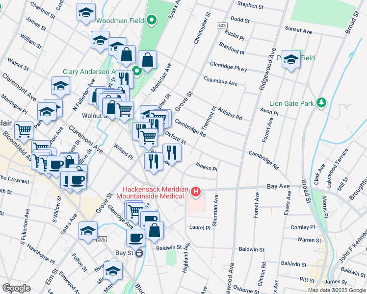 map of restaurants, bars, coffee shops, grocery stores, and more near 24 Walnut Parkway in Montclair