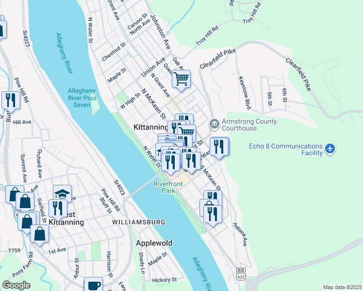 map of restaurants, bars, coffee shops, grocery stores, and more near 122 Templeton Way in Kittanning